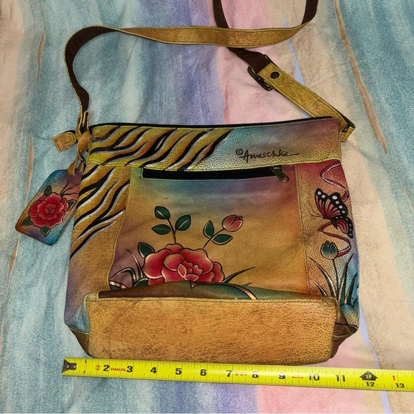 Anuschka Hand Painted Leather Rose Butterfly Zip Around Hobo crossbody Bag - Picture 5 of 5